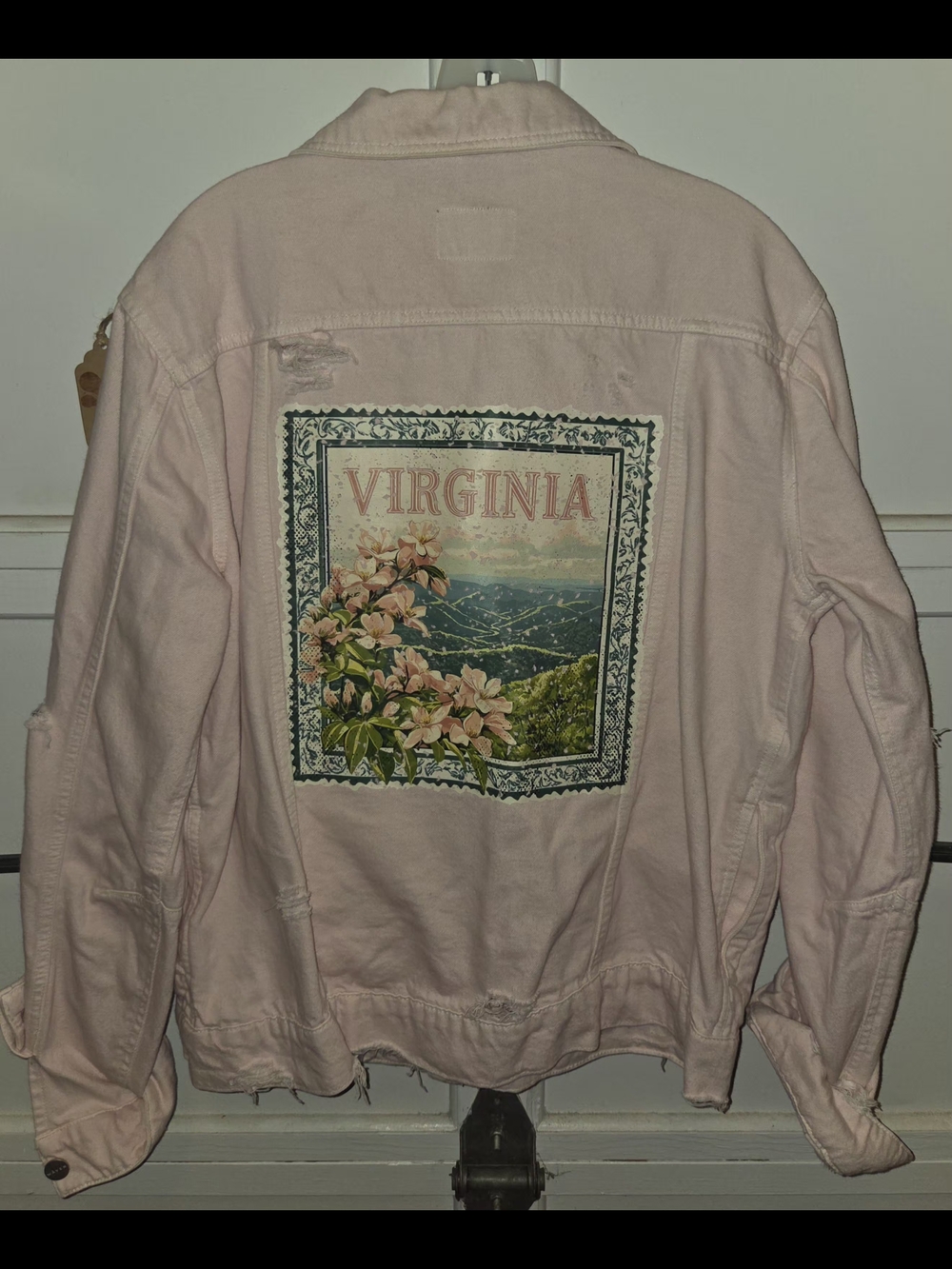 Pastel Pink Virginia Graphic Distressed Denim Jacket - Women's Jean Jacket Sz XL